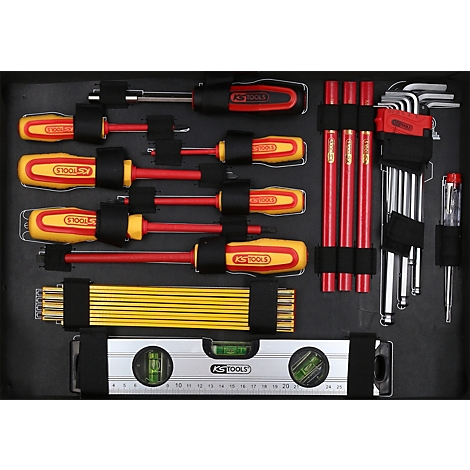 Werkzeugkasten mit Schraubendrehern, Inbusschlüsseln, Wasserwaage und Gliedermaßstab.